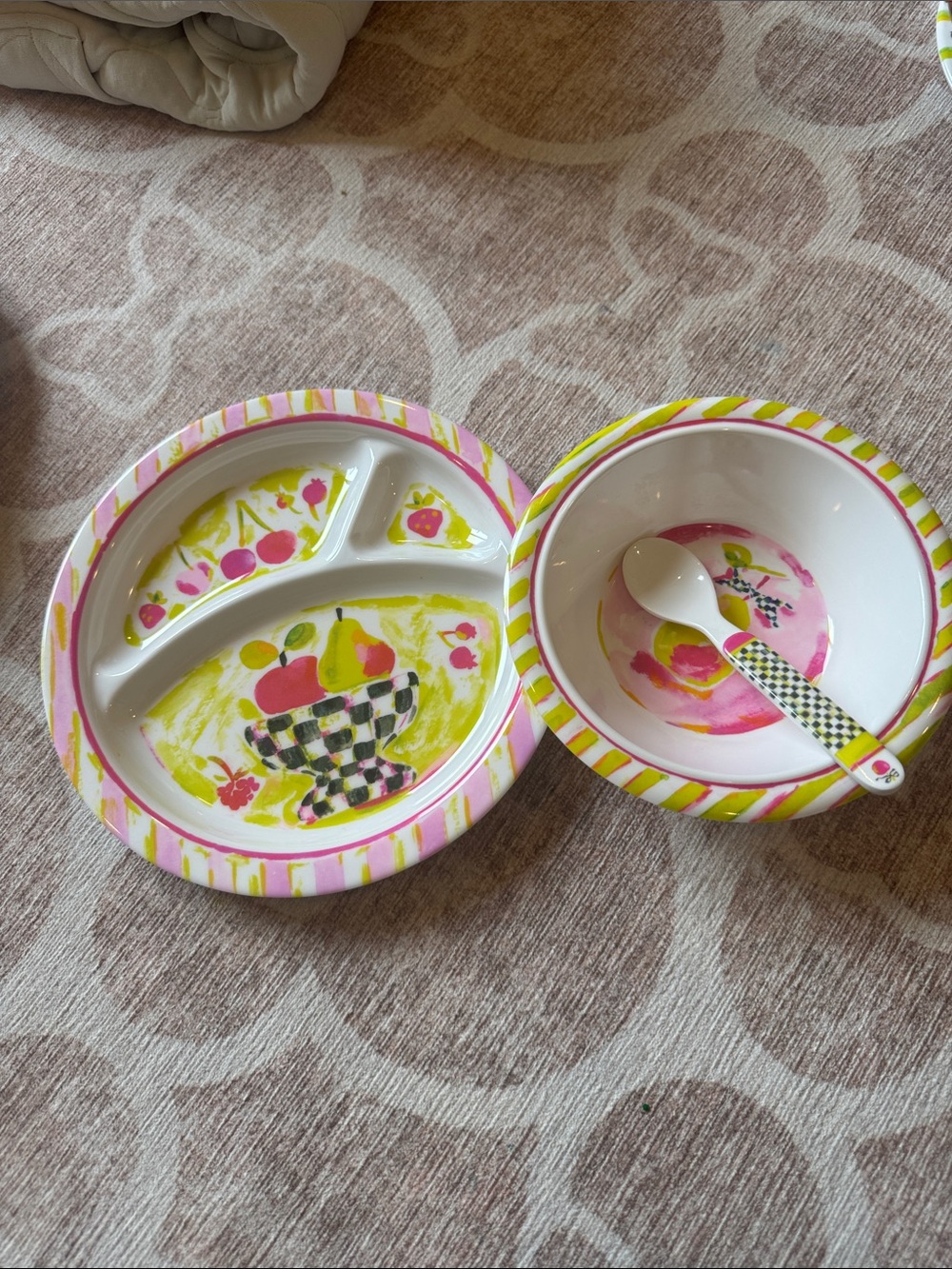 Mackenzie-Child’s Kids Sectioned Plate and Bowl Set with Spoon melamine